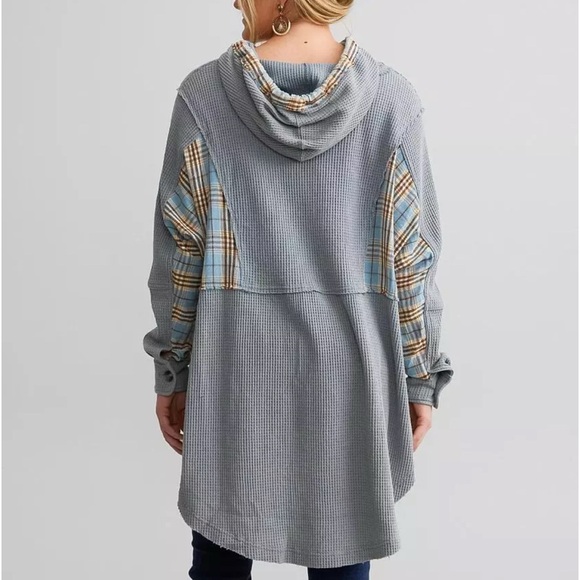 Oli & Hali blue rustic boho waffle knit oversized Henley hooded top M/L - Picture 2 of 11